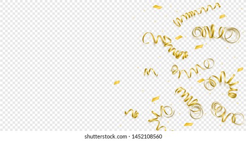 Vector celebration template with serpentine and confetti and carnival ribbon on transparent background. Holiday backgrop.