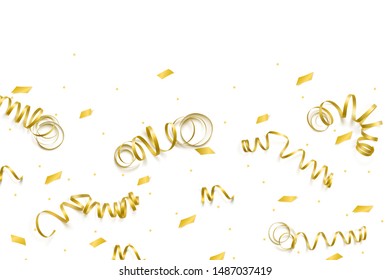 Vector celebration template with serpentine and confetti and carnival ribbon on white background. Holiday backgrop.