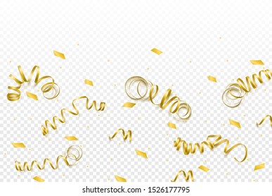 Vector celebration template with serpentine and confetti and carnival ribbon on transparent background. Holiday backgrop.