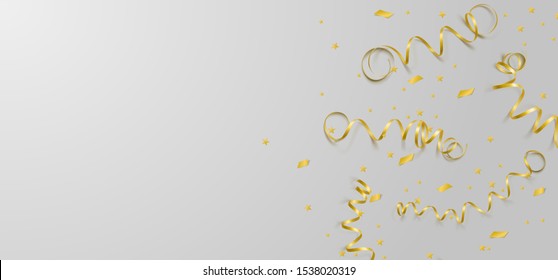 Vector celebration template with serpentine and confetti and carnival ribbon. Holiday backgrop.