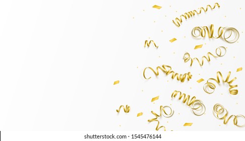 Vector celebration template with serpentine and confetti and carnival ribbon on white background. Holiday backgrop.
