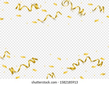 Vector celebration template with serpentine and confetti and carnival ribbon on transparent background. Holiday backgrop.