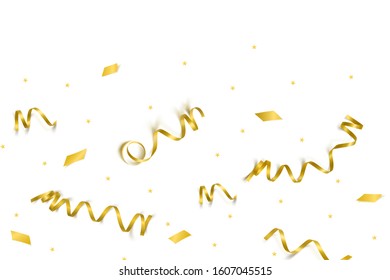 Vector celebration template with serpentine and confetti and carnival ribbon on white background. Holiday backgrop.