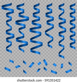 Vector celebration template with serpentine and confetti and  carnival ribbon on transparent background. Holiday backgrop.