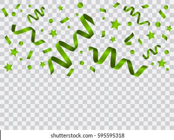 Vector celebration template with serpentine and confetti and  carnival ribbon on transparent background. Holiday backgrop.