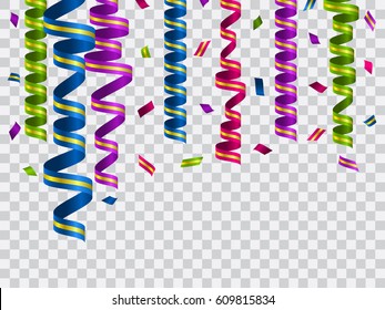 Vector celebration template with serpentine and confetti and  carnival ribbon on transparent background. Holiday backgrop.