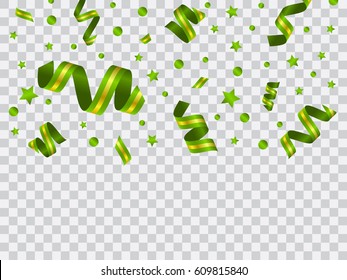 Vector celebration template with serpentine and confetti and  carnival ribbon on transparent background. Holiday backgrop.