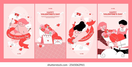 Vector Celebration Valentines Day Illustration Social Media Stories Collection, cute cupid pink design template for advertising, web, social media, posters