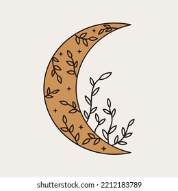 Vector celectial moon element in black and gold colors. Abstract mystic crescent symbol with leaves and bindweed. Vintage boho illustration of lunar phase. Mininalist alchemy art