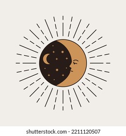 Vector celectial sun and crescent element in black and gold colors. Mystic moon symbol with face. Vintage boho illustration of abstract lunar phase. Mininalist alchemy art