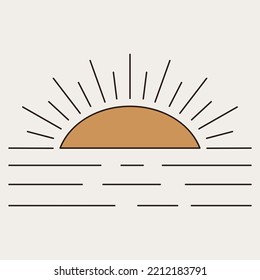 Vector celectial sun element in black and gold colors. Abstract sunrise or sunset in line art style. Vintage boho illustration. Mininalist alchemy art