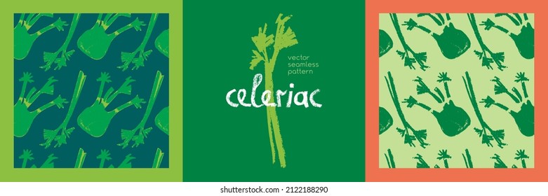 Vector celeriac wallpaper. Hand drawn seamless pattern with celery illustrations. Vegetarian restaurant banner template. Green ornament. Vegetable drawings for organic food label, vegan packaging.
