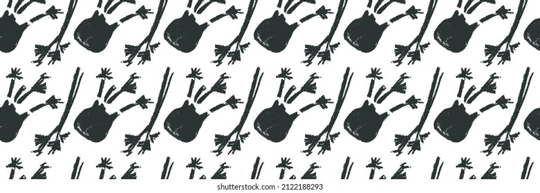 Vector celeriac wallpaper. Hand drawn seamless pattern with celery illustrations. Vegetarian restaurant banner template. Green ornament. Vegetable drawings for organic food label, vegan packaging.