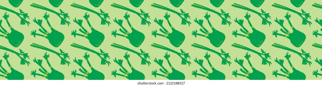 Vector celeriac wallpaper. Hand drawn seamless pattern with celery illustrations. Vegetarian restaurant banner template. Green ornament. Vegetable drawings for organic food label, vegan packaging.