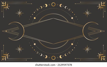 Vector celestial background with ornate geometric frame, stars, moon phases, dotted circles and outline crescents. Mystic golden linear banner with magical symbols and copy space. Cover for tarot card