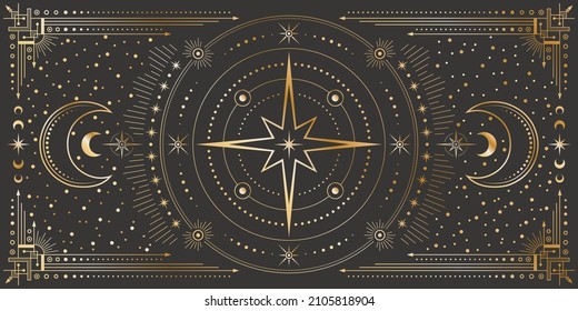 Vector celestial background with ornate outline geometric frame, star, moon phases, dotted radial circles and crescents. Mystic golden linear banner with magical symbols. Cover for tarot card