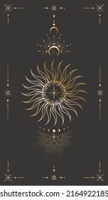 Vector celestial background with ornate outline sun, stars, moon phases, crescents, beams and elegant shiny frame. Mystic golden linear banner with magical symbols. Cover for tarot card