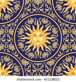 Vector Celestial Baroque Blue And Gold Seamless Pattern With Sun Face