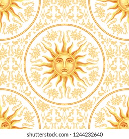 Vector Celestial Baroque Yellow And Gold Seamless Pattern With Sun Face On White Background