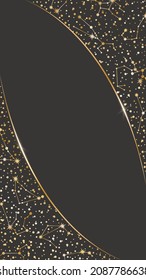 Vector celestial card template for stories and web banners with copy space. Shiny golden astrological frame with stars and zodiac constellations on a black. Dark mystic background with place for text