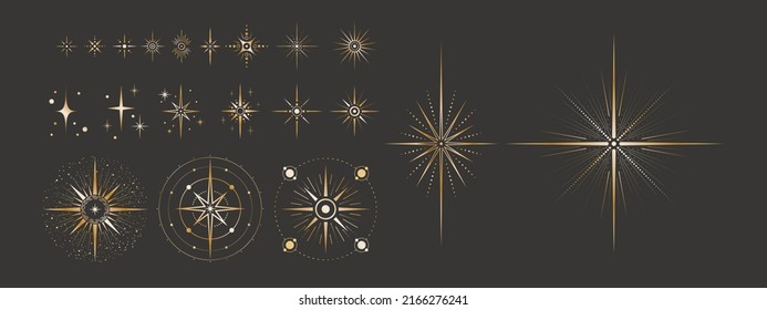Vector celestial element set. Collection of big and small elegant ornate shiny golden stars with beams, dots and radial circles. Magical isolated clipart for mystic decoration