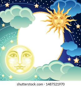 Vector celestial frame with full moon and sun face on starry sky background 