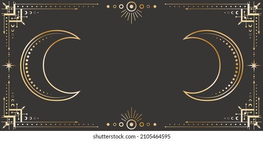 Vector celestial golden background with a copy space. Mystical poster with an ornate geometric frame, outline crescents, stars and moon phases. Magical linear banner on a black with a place for text