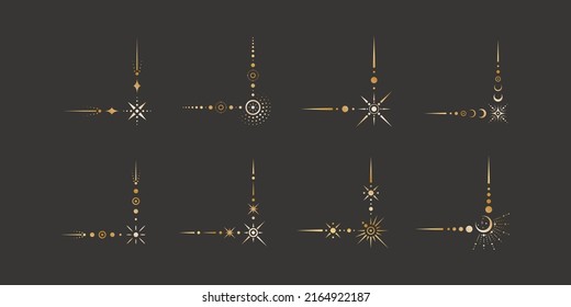 Vector Celestial Golden Border Set With Stars, Moon Phases, Crescents And Dots. Collection Of Ornate Magical Isolated Clipart With Shiny Corners For Mystic Decoration Frames