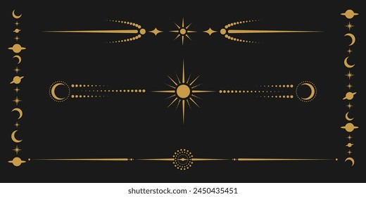 Vector celestial borde dorado establecido con estrellas, fases lunares, medias lunas y puntos. Colección de adornado Clipart aislado mágico brillante para la decoración mística