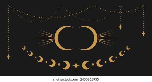 Vector celestial golden border set with stars, moon phases, crescents and dots. Collection of ornate shiny magical isolated clipart for mystic decoration