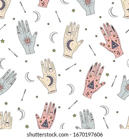 Vector celestial hand elements repeat pattern with stars, moons, arrows, tattoos. Seamless tarot card inspired with white background. Great for cards, wrapping, scrapbooking, journaling.