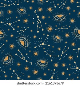 Vector Celestial magic stars seamless repeat pattern design background. Good use for fabrics, wrapping paper, home decor, wallpaper, etc.