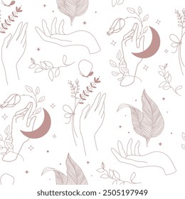 Vector celestial seamless pattern, hands, moon and plants line mystic background. Witch spiritual, care boho print.