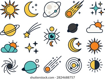 Vector celestial space sticker set featuring sun, moon, stars, Saturn planet, comet, and galaxy doodle illustrations in flat outline style.