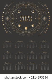 Vector celestial vertical year 2023 calendar with golden magical ornate radial circles, moon phases, number and stars. A3, A2 wall poster with mystic outline illustration in boho style