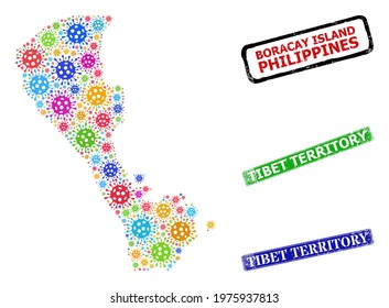 Vector cell collage Boracay Island map, and grunge Tibet Territory seals. Vector colorful Boracay Island map collage, and Tibet Territory grunge framed rectangle seal prints.