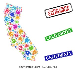 Vector cell collage California State map, and grunge California seals. Vector colored California State map collage, and California grunge framed rectangle seal imitations.