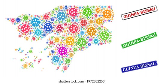 Vector cell collage Guinea-Bissau map, and grunge Guinea-Bissau seals. Vector colored Guinea-Bissau map collage, and Guinea-Bissau unclean framed rectangle stamp seals.