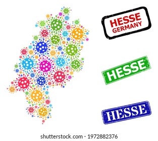 Vector cell collage Hesse Land map, and grunge Hesse seals. Vector colored Hesse Land map mosaic, and Hesse grunge framed rectangle watermarks.