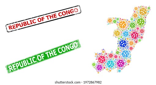 Vector cell collage Republic of the Congo map, and grunge stamps. Vector colored Republic of the Congo map collage, and textured framed rectangle seal imitations.