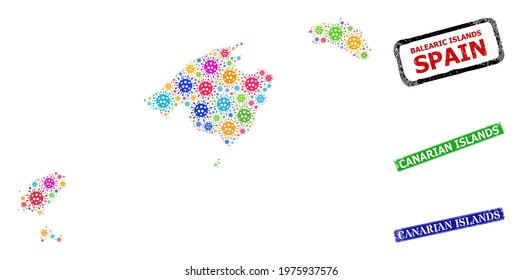 Vector cell mosaic Balearic Islands map, and grunge Canarian Islands seal stamps. Vector colorful Balearic Islands map mosaic, and Canarian Islands grunge framed rectangle stamps.