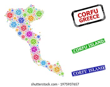 Vector cell mosaic Corfu Island map, and grunge Corfu Island seals. Vector multi-colored Corfu Island map collage, and Corfu Island grunge framed rectangle stamp seals.