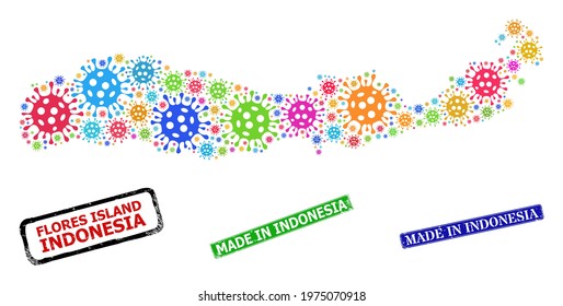 Vector cell mosaic Flores Island of Indonesia map, and grunge Made in Indonesia stamps. Vector multi-colored Flores Island of Indonesia map collage,