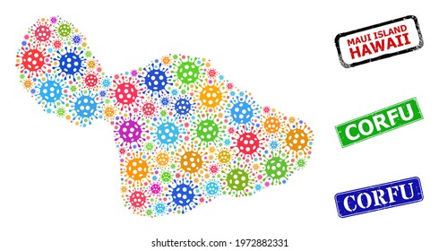 Vector cell mosaic Maui Island map, and grunge Corfu seal stamps. Vector colored Maui Island map mosaic, and Corfu textured framed rectangle watermarks.
