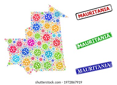 Vector cell mosaic Mauritania map, and grunge Mauritania badges. Vector colorful Mauritania map mosaic, and Mauritania grunge framed rectangle seal imitations.