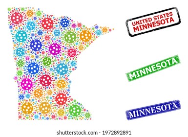 Vector cell mosaic Minnesota State map, and grunge Minnesota seal stamps. Vector colored Minnesota State map mosaic, and Minnesota dirty framed rectangle seal prints.