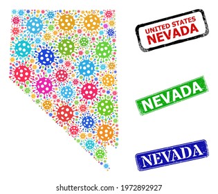 Vector cell mosaic Nevada State map, and grunge Nevada stamps. Vector vibrant Nevada State map mosaic, and Nevada textured framed rectangle stamps.