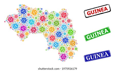 Vector cell mosaic Republic of Guinea map, and grunge Guinea seal stamps. Vector multi-colored Republic of Guinea map mosaic, and Guinea textured framed rectangle stamp seals.