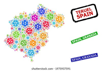 Vector cell mosaic Teruel Province map, and grunge Spain, Granada badges. Vector colored Teruel Province map mosaic, and Spain, Granada grunge framed rectangle seals.