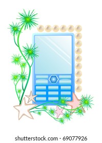 Vector cell phone framed seaweed, pearls and sea stars
